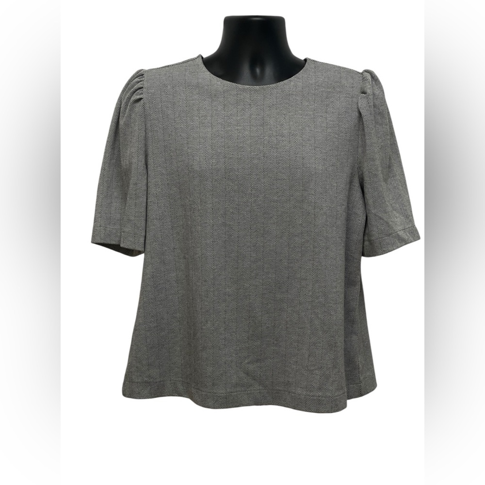 Ann Taylor Gray Herringbone Puff Sleeve Blouse Women’s Size XL Elegant Workwear